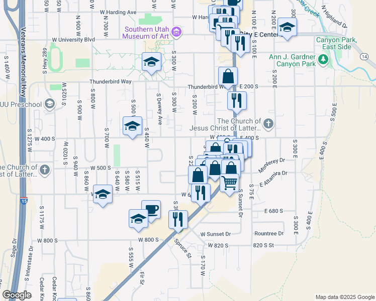 map of restaurants, bars, coffee shops, grocery stores, and more near 446 South 225 West in Cedar City