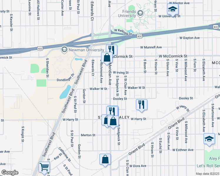 map of restaurants, bars, coffee shops, grocery stores, and more near 2499 Walker West Street in Wichita