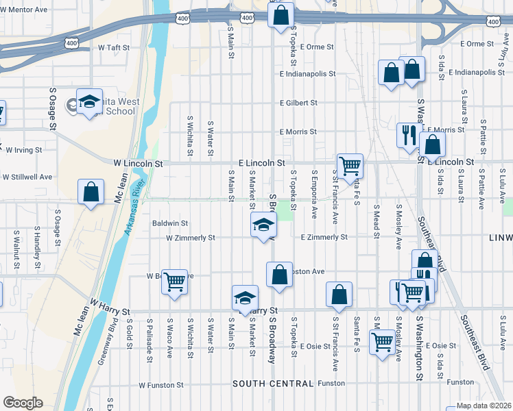 map of restaurants, bars, coffee shops, grocery stores, and more near 1306 South Market Street in Wichita