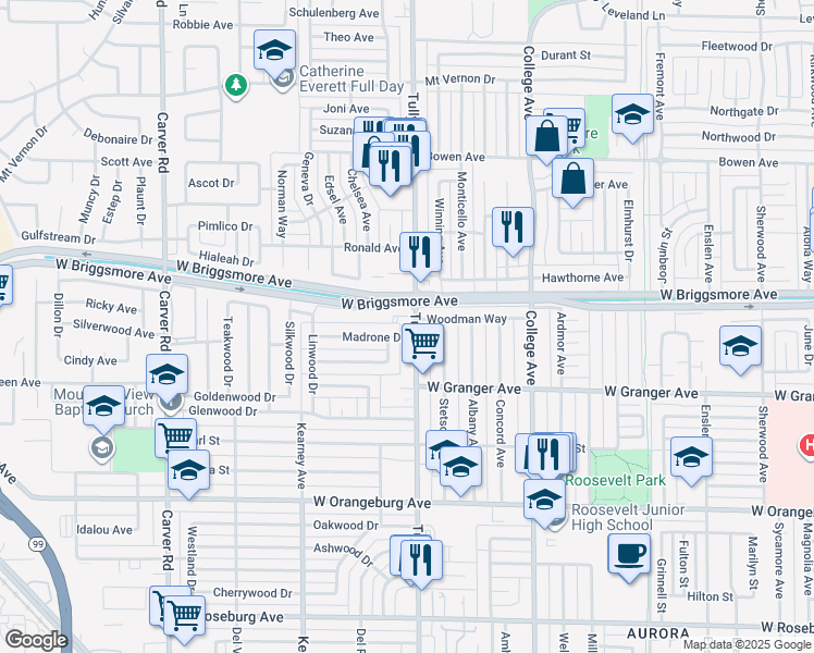 map of restaurants, bars, coffee shops, grocery stores, and more near 1713 Tully Road in Modesto
