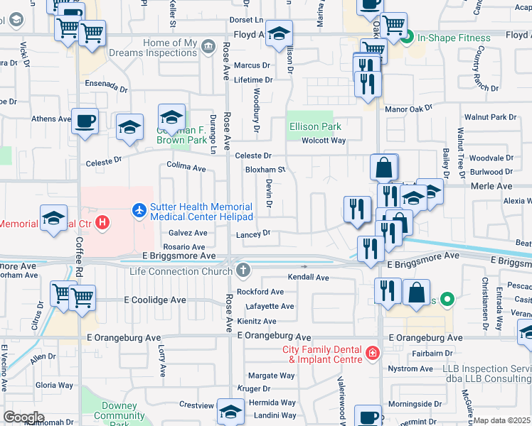 map of restaurants, bars, coffee shops, grocery stores, and more near 1833 Fairfax Avenue in Modesto