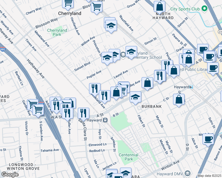 map of restaurants, bars, coffee shops, grocery stores, and more near 266 Smalley Avenue in Hayward