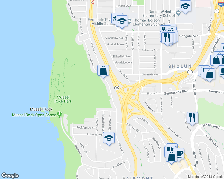 map of restaurants, bars, coffee shops, grocery stores, and more near 889 Skyline Drive in Daly City