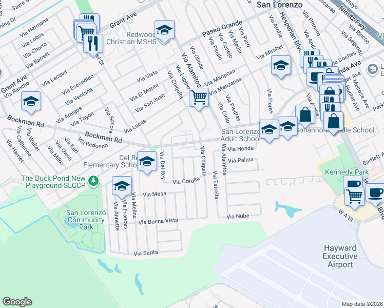 map of restaurants, bars, coffee shops, grocery stores, and more near 1335 Via Madera in San Lorenzo