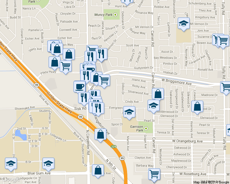 map of restaurants, bars, coffee shops, grocery stores, and more near 1701 Randazzo Avenue in Modesto