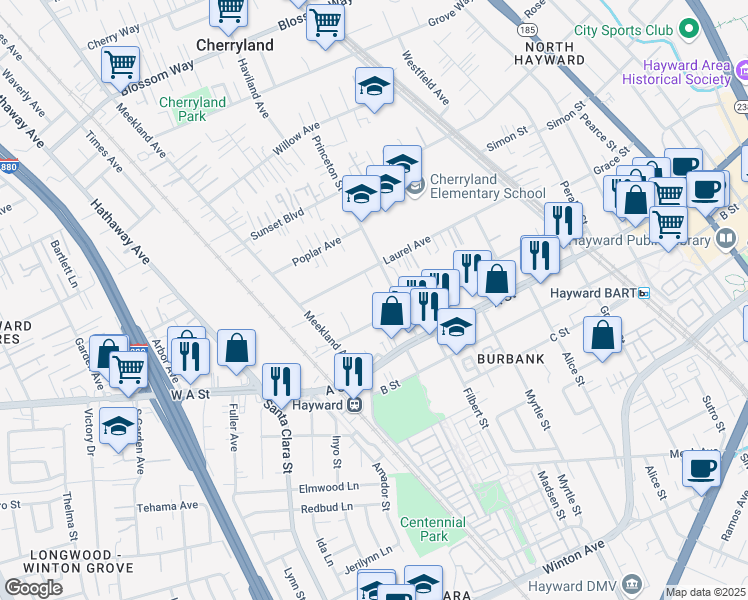 map of restaurants, bars, coffee shops, grocery stores, and more near 266 Smalley Avenue in Hayward