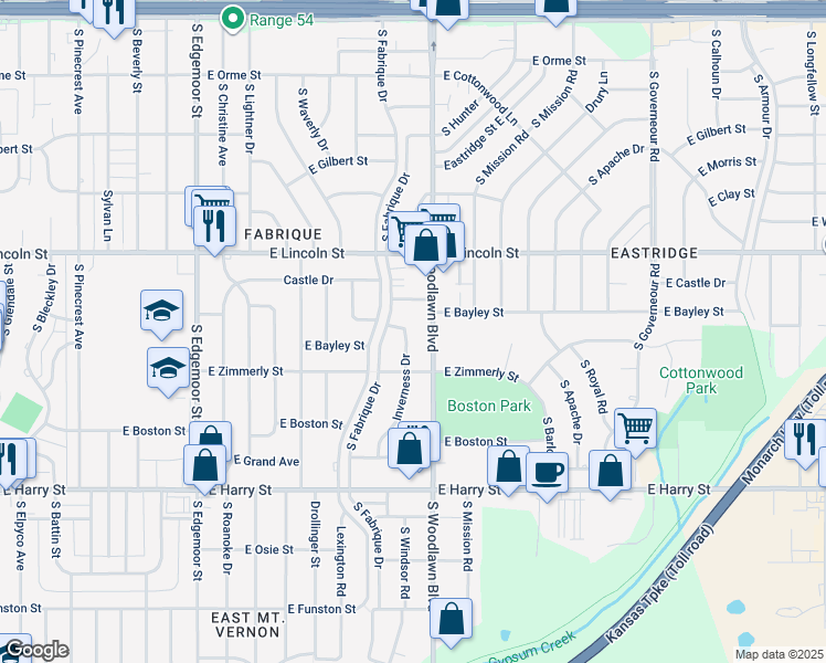 map of restaurants, bars, coffee shops, grocery stores, and more near 1028 Inverness Drive in Wichita