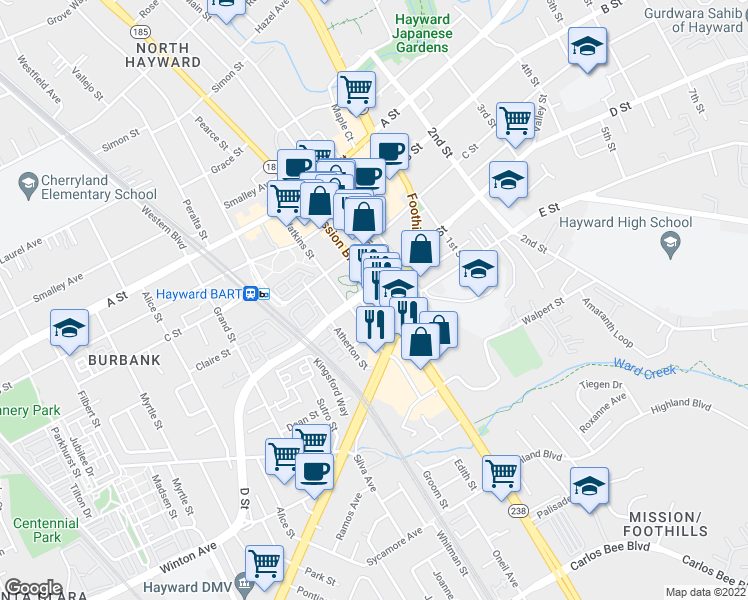 map of restaurants, bars, coffee shops, grocery stores, and more near 22821 California 185 in Hayward