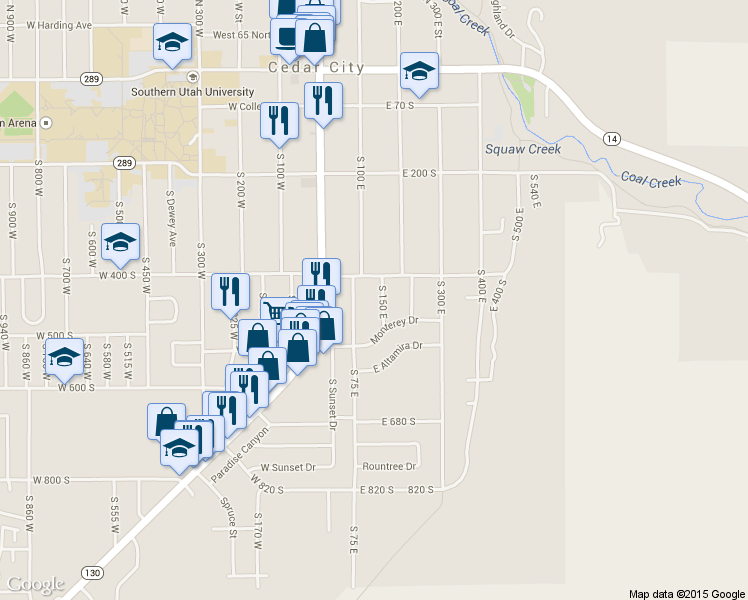 map of restaurants, bars, coffee shops, grocery stores, and more near 460 South 150 East in Cedar City
