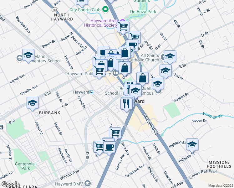 map of restaurants, bars, coffee shops, grocery stores, and more near 22763 Watkins Street in Hayward