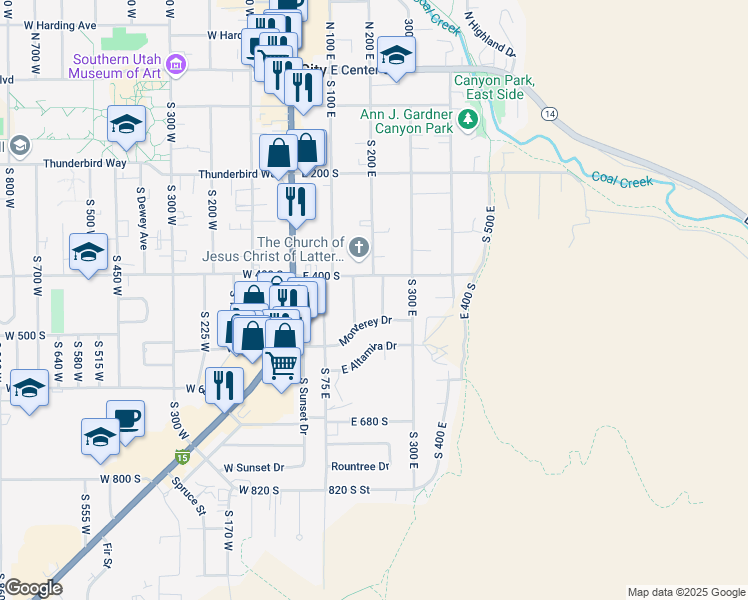 map of restaurants, bars, coffee shops, grocery stores, and more near 440 S 225 E in Cedar City
