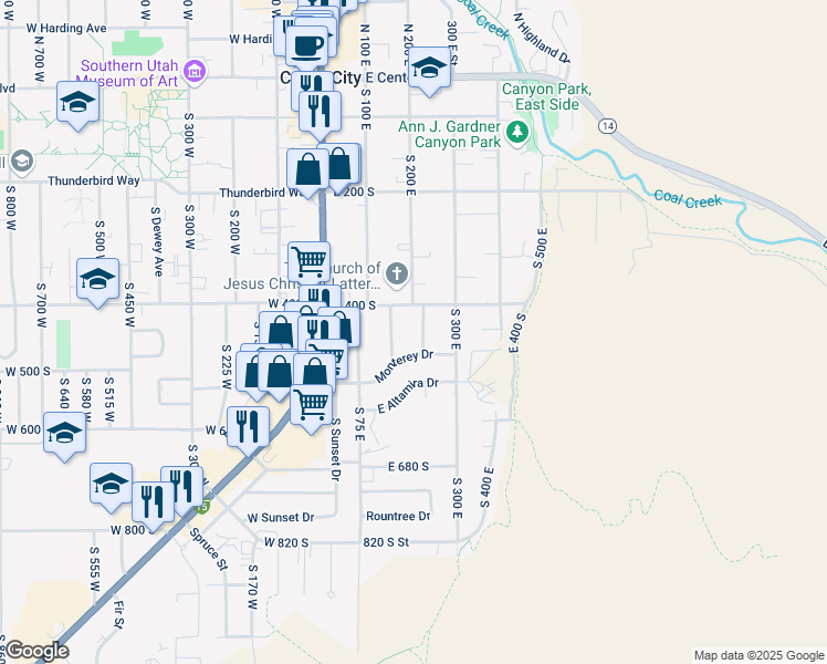 map of restaurants, bars, coffee shops, grocery stores, and more near 440 South 225 East in Cedar City