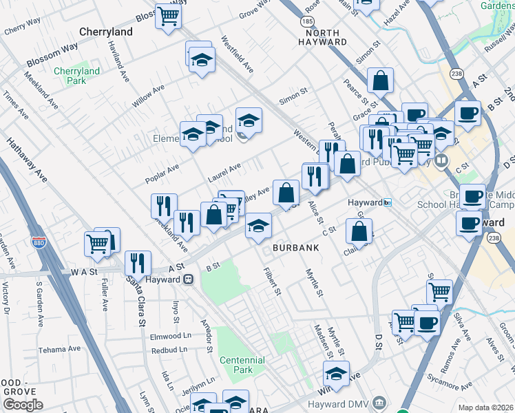 map of restaurants, bars, coffee shops, grocery stores, and more near 373 Smalley Avenue in Hayward