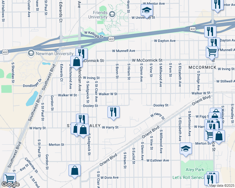 map of restaurants, bars, coffee shops, grocery stores, and more near 2101 Walker West Street in Wichita