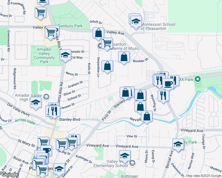 map of restaurants, bars, coffee shops, grocery stores, and more near 1075 Serpentine Lane in Pleasanton