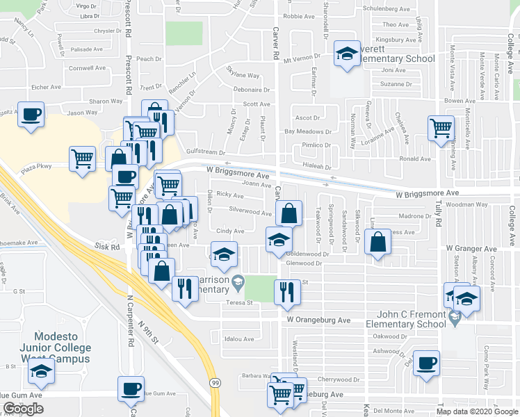 map of restaurants, bars, coffee shops, grocery stores, and more near 1801 Silverwood Avenue in Modesto