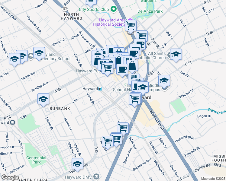 map of restaurants, bars, coffee shops, grocery stores, and more near 610 Atherton Place in Hayward