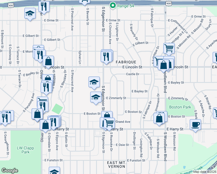 map of restaurants, bars, coffee shops, grocery stores, and more near 1015 South Christine Avenue in Wichita