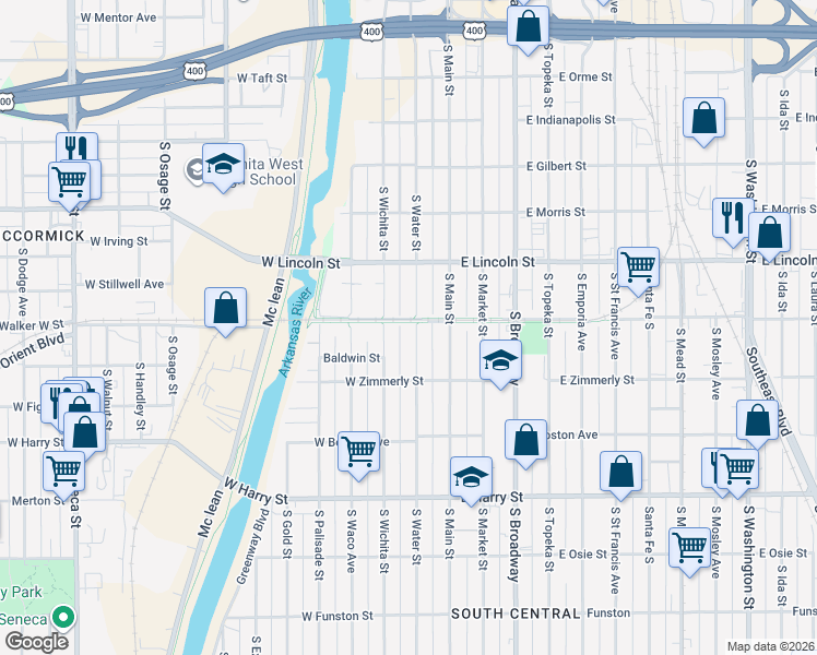 map of restaurants, bars, coffee shops, grocery stores, and more near 1305 South Water Street in Wichita