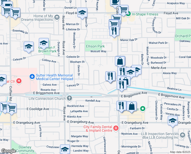 map of restaurants, bars, coffee shops, grocery stores, and more near 1716 Chartwell Place in Modesto