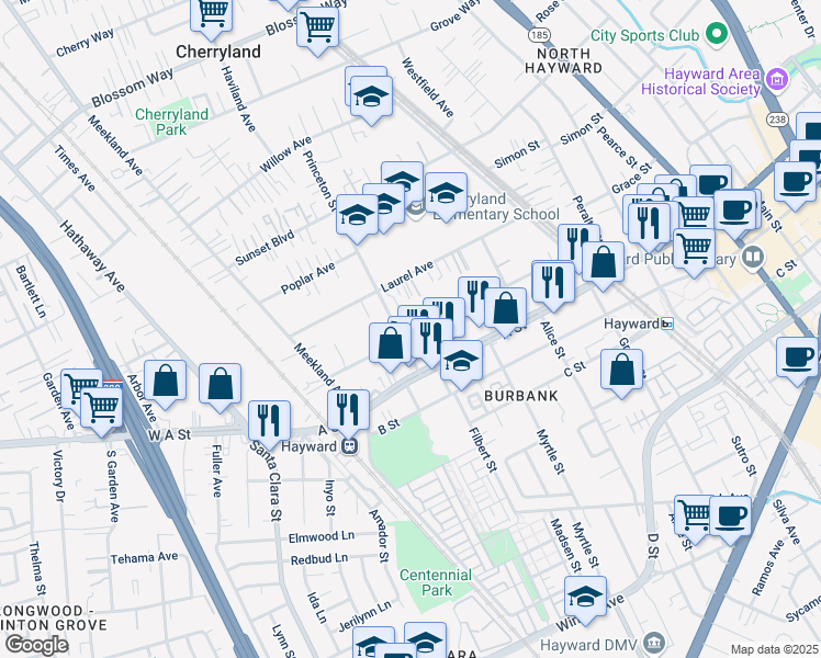 map of restaurants, bars, coffee shops, grocery stores, and more near 316 Smalley Avenue in Hayward