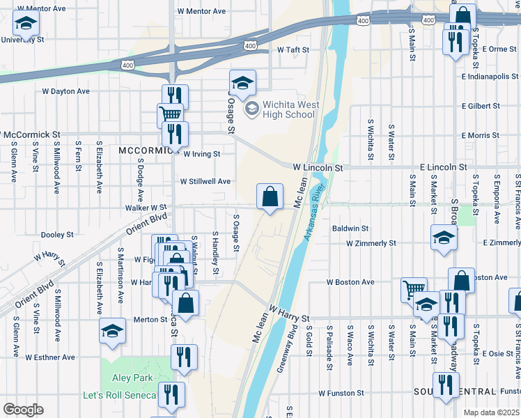 map of restaurants, bars, coffee shops, grocery stores, and more near 701 Walker West Street in Wichita