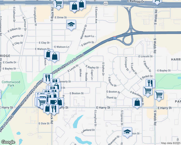 map of restaurants, bars, coffee shops, grocery stores, and more near 1013 South Capri Lane in Wichita