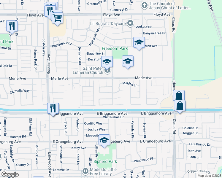 map of restaurants, bars, coffee shops, grocery stores, and more near 1704 Maid Mariane Lane in Modesto
