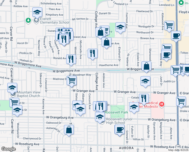 map of restaurants, bars, coffee shops, grocery stores, and more near 1713 College Avenue in Modesto