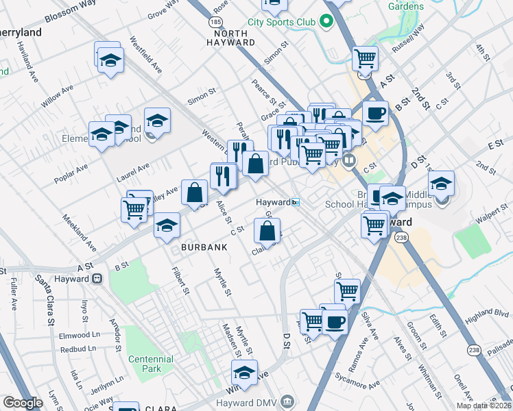 map of restaurants, bars, coffee shops, grocery stores, and more near 581 B Street in Hayward