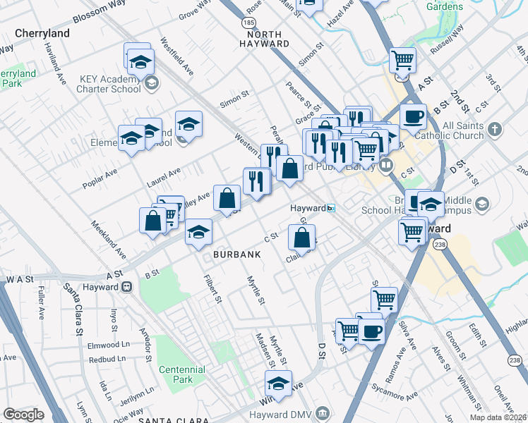 map of restaurants, bars, coffee shops, grocery stores, and more near 522 B Street in Hayward