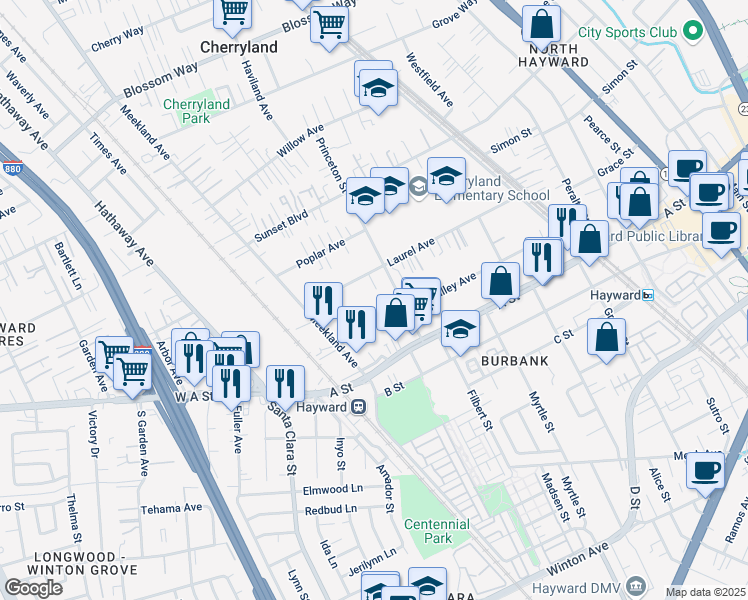 map of restaurants, bars, coffee shops, grocery stores, and more near 266 Smalley Avenue in Hayward