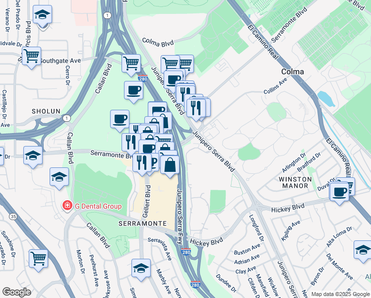 map of restaurants, bars, coffee shops, grocery stores, and more near 332 Philip Drive in Daly City