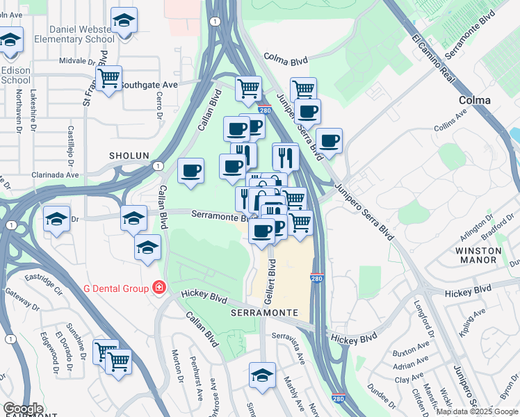 map of restaurants, bars, coffee shops, grocery stores, and more near 3 Serramonte Center in Daly City