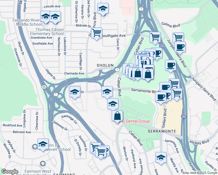 map of restaurants, bars, coffee shops, grocery stores, and more near 620 Serramonte Boulevard in Daly City