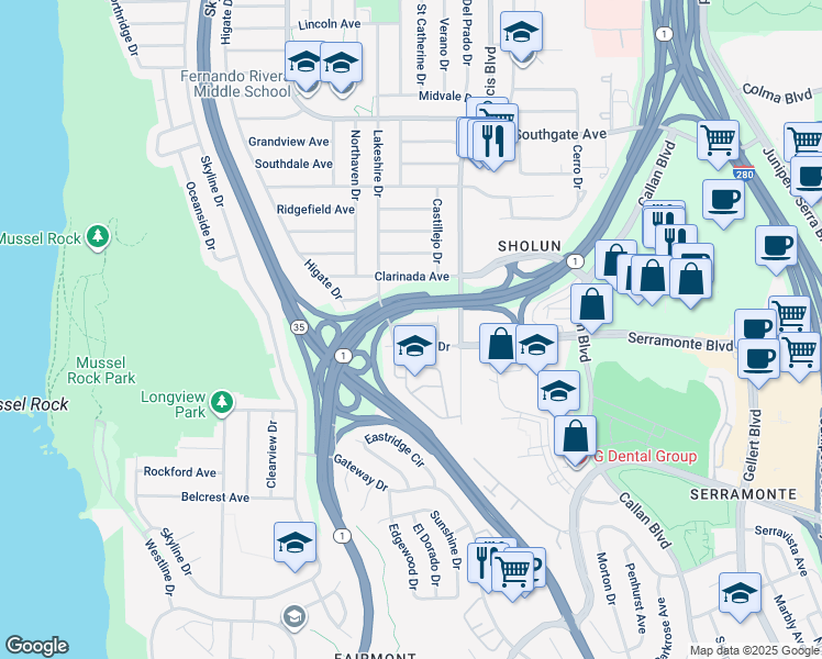map of restaurants, bars, coffee shops, grocery stores, and more near 33 Manzanita Avenue in Daly City