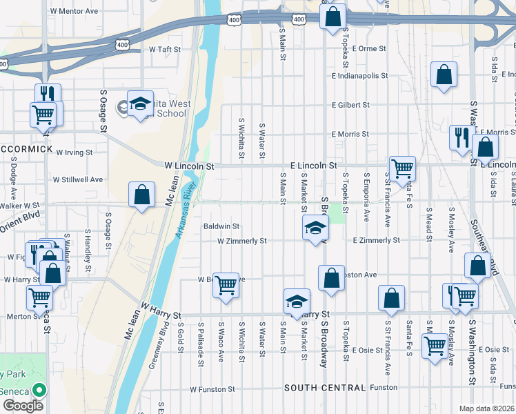 map of restaurants, bars, coffee shops, grocery stores, and more near 1305 South Water Street in Wichita