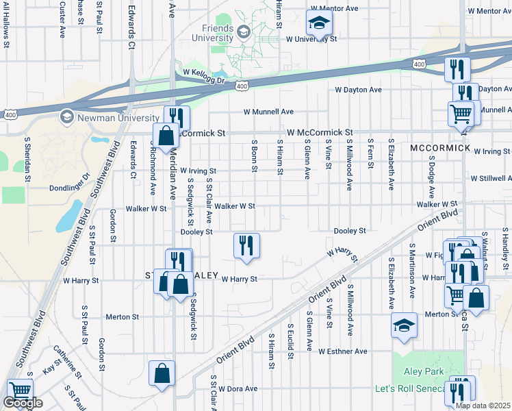 map of restaurants, bars, coffee shops, grocery stores, and more near 2101 Walker West Street in Wichita