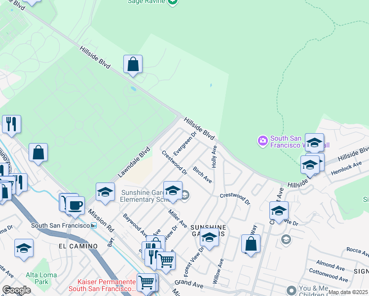 map of restaurants, bars, coffee shops, grocery stores, and more near 448 Evergreen Drive in South San Francisco