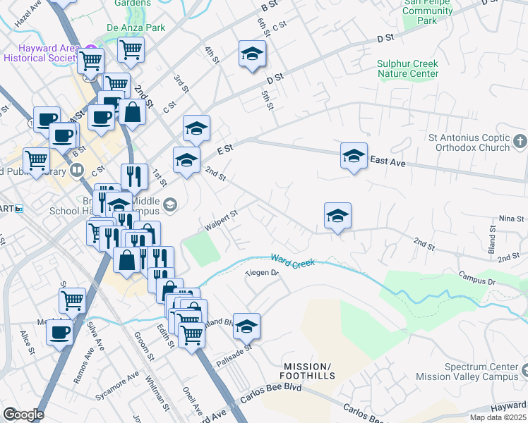 map of restaurants, bars, coffee shops, grocery stores, and more near 1314 Antonella Place in Hayward