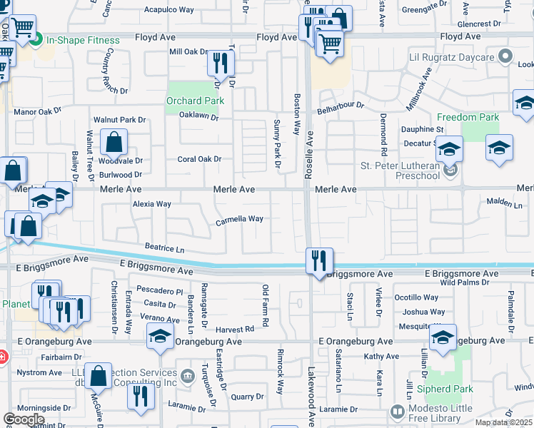 map of restaurants, bars, coffee shops, grocery stores, and more near 2833 Carmella Way in Modesto