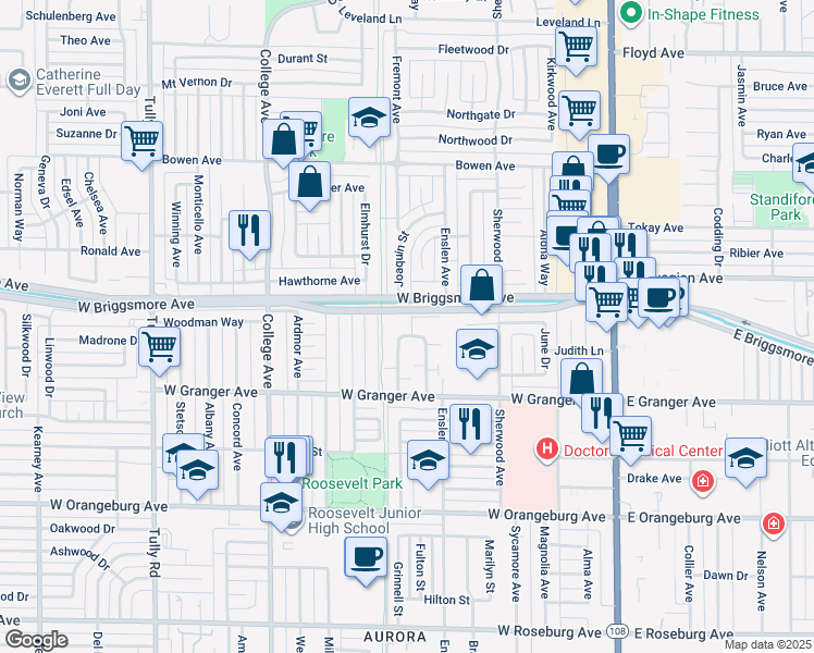 map of restaurants, bars, coffee shops, grocery stores, and more near 98 Calle De Rosas in Modesto