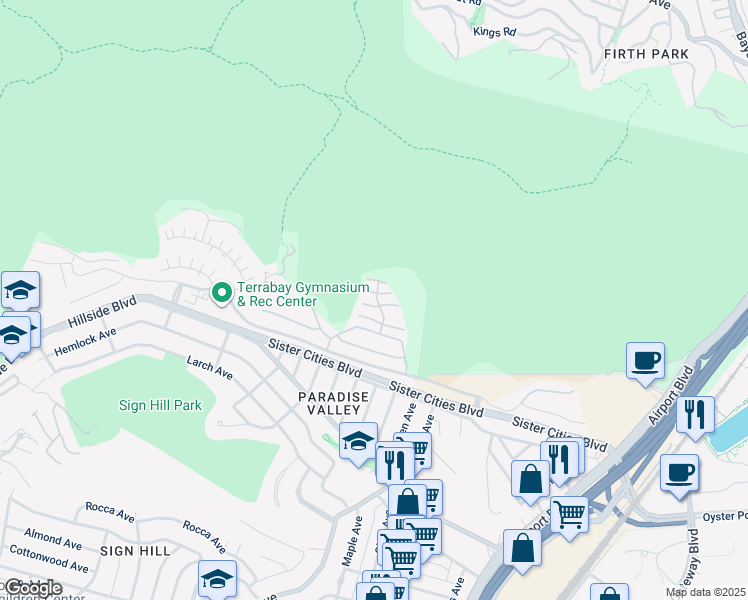 map of restaurants, bars, coffee shops, grocery stores, and more near 9 Monte Vista Way in South San Francisco