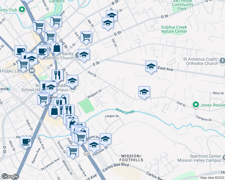 map of restaurants, bars, coffee shops, grocery stores, and more near 1314 Antonella Place in Hayward