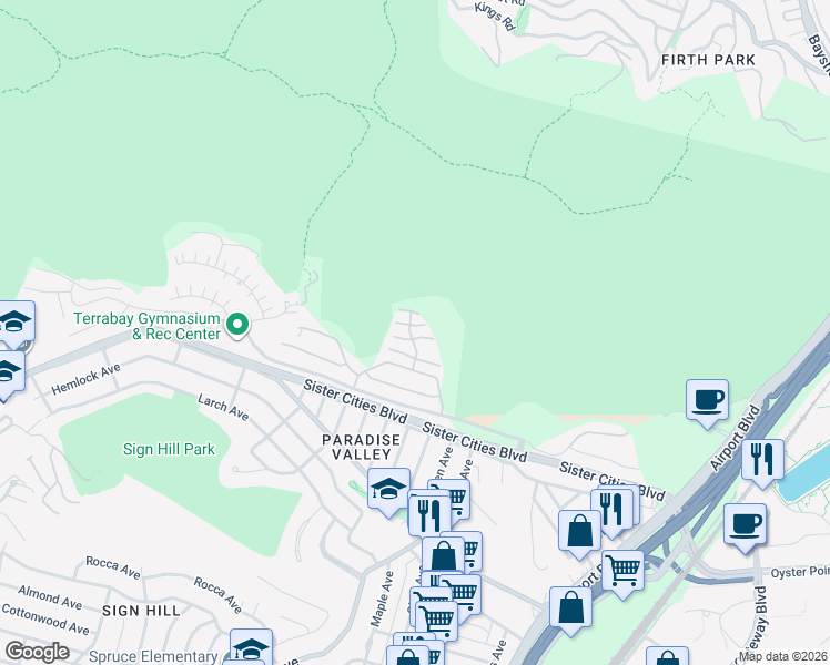 map of restaurants, bars, coffee shops, grocery stores, and more near 9 Monte Vista Way in South San Francisco