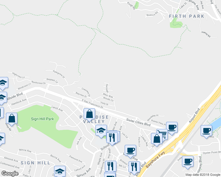 map of restaurants, bars, coffee shops, grocery stores, and more near 9 Monte Vista Way in South San Francisco
