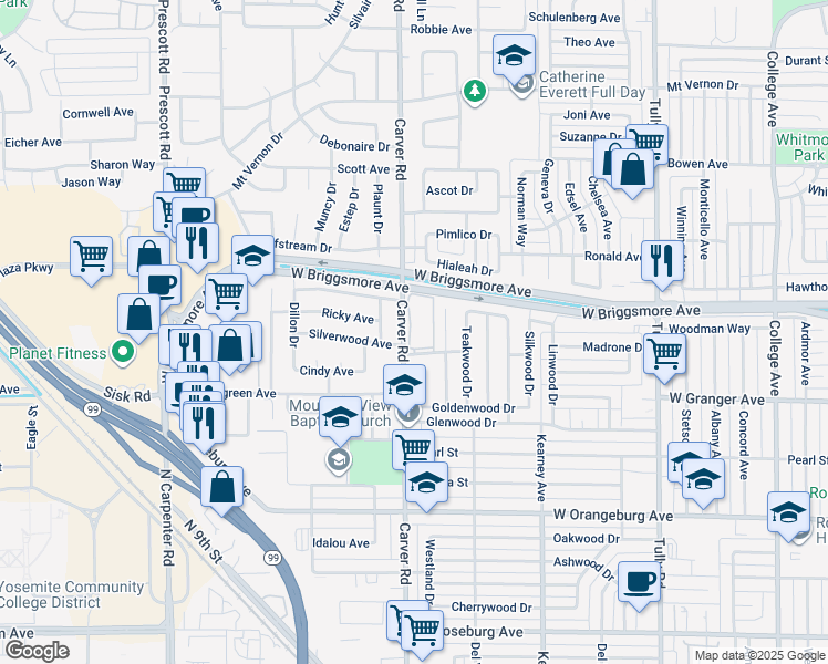map of restaurants, bars, coffee shops, grocery stores, and more near 1712 Carver Road in Modesto