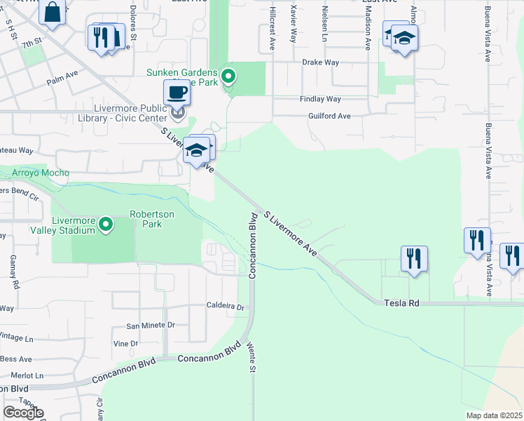 map of restaurants, bars, coffee shops, grocery stores, and more near County Highway J2 in Livermore