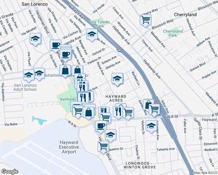 map of restaurants, bars, coffee shops, grocery stores, and more near 20167 Royal Avenue in Hayward