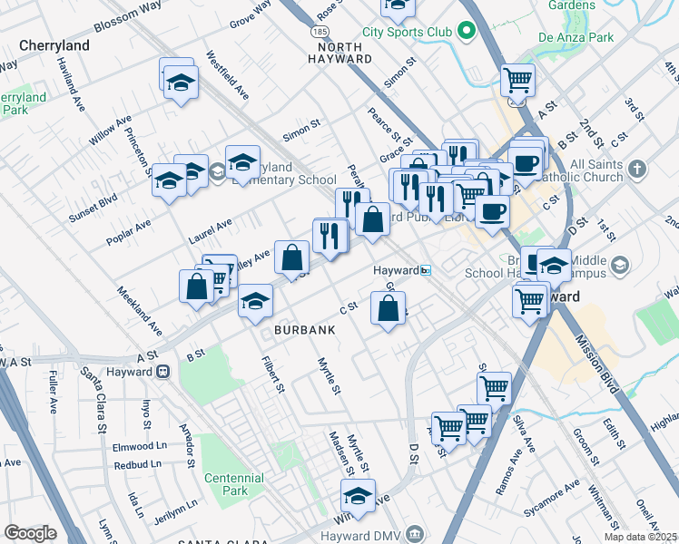 map of restaurants, bars, coffee shops, grocery stores, and more near 522 B St in Hayward